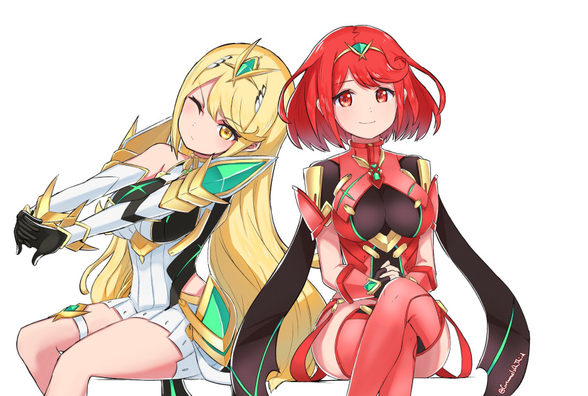 2girls armor bangs bare_shoulders blonde_hair blush breasts cleavage closed_mouth commentary_request covered_navel dress earrings elbow_gloves eyebrows_visible_through_hair fingerless_gloves gem gloves green_background grimmelsdathird hair_ornament headpiece highres mythra_(xenoblade) pyra_(xenoblade) jewelry large_breasts long_hair looking_at_viewer multiple_girls nintendo one_eye_closed pose red_eyes red_shorts redhead short_hair short_shorts shorts shoulder_armor simple_background sitting smile stretch swept_bangs tiara very_long_hair white_background white_dress xenoblade_(series) xenoblade_2 yellow_eyes