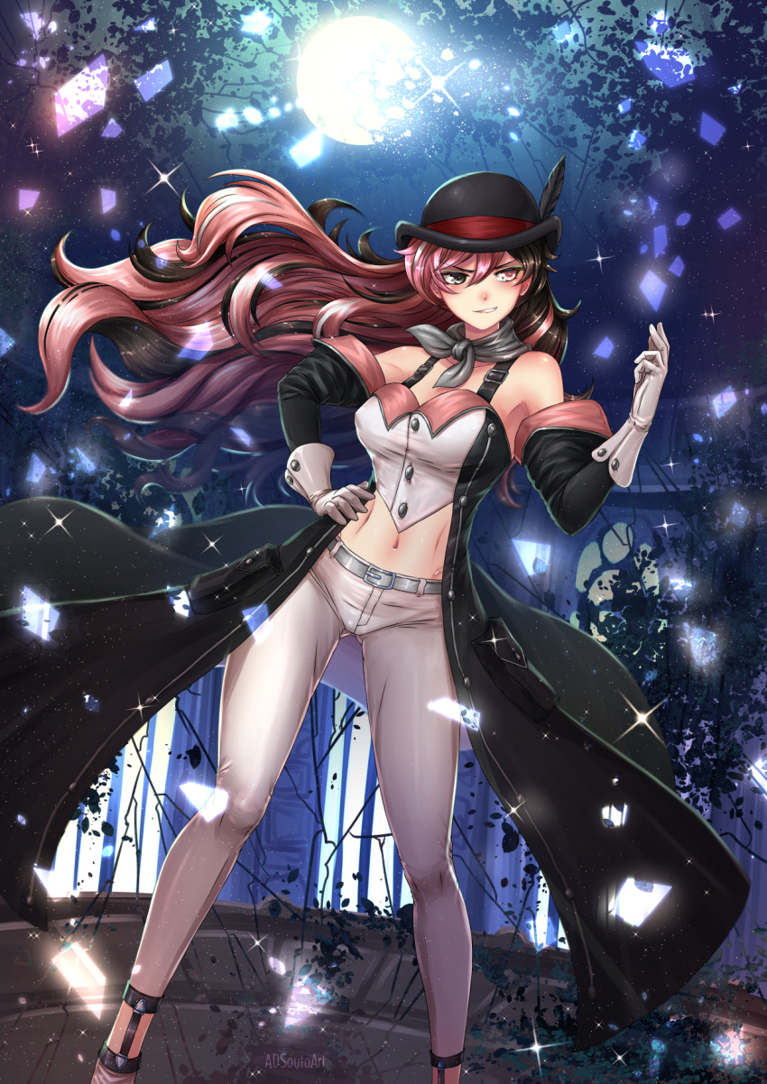 1girl adsouto bangs belt blush bowler_hat breasts broken_moon brown_eyes brown_hair cleavage closed_mouth commentary eyebrows_visible_through_hair gloves hair_between_eyes hat heterochromia highres jewelry long_hair medium_breasts moon multicolored_hair navel necklace neo_(rwby) patreon_username pink_eyes pink_hair rwby smile solo two-tone_hair white_eyes white_hair