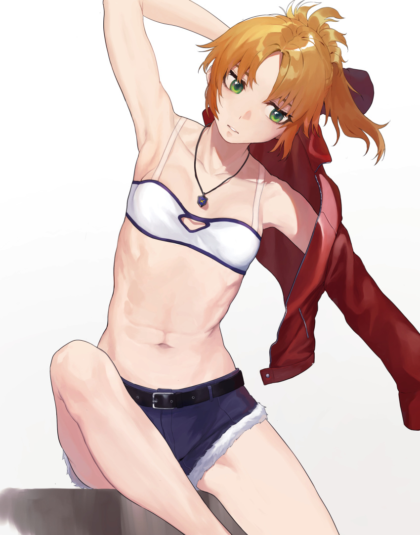 1girl absurdres bandeau bare_shoulders belt blonde_hair breasts denim denim_shorts fate/apocrypha fate_(series) green_eyes hair_ornament hakisou highres jewelry long_hair looking_at_viewer mordred_(fate) mordred_(fate)_(all) navel necklace ponytail scrunchie shirt short_shorts shorts sidelocks sitting small_breasts solo weapon