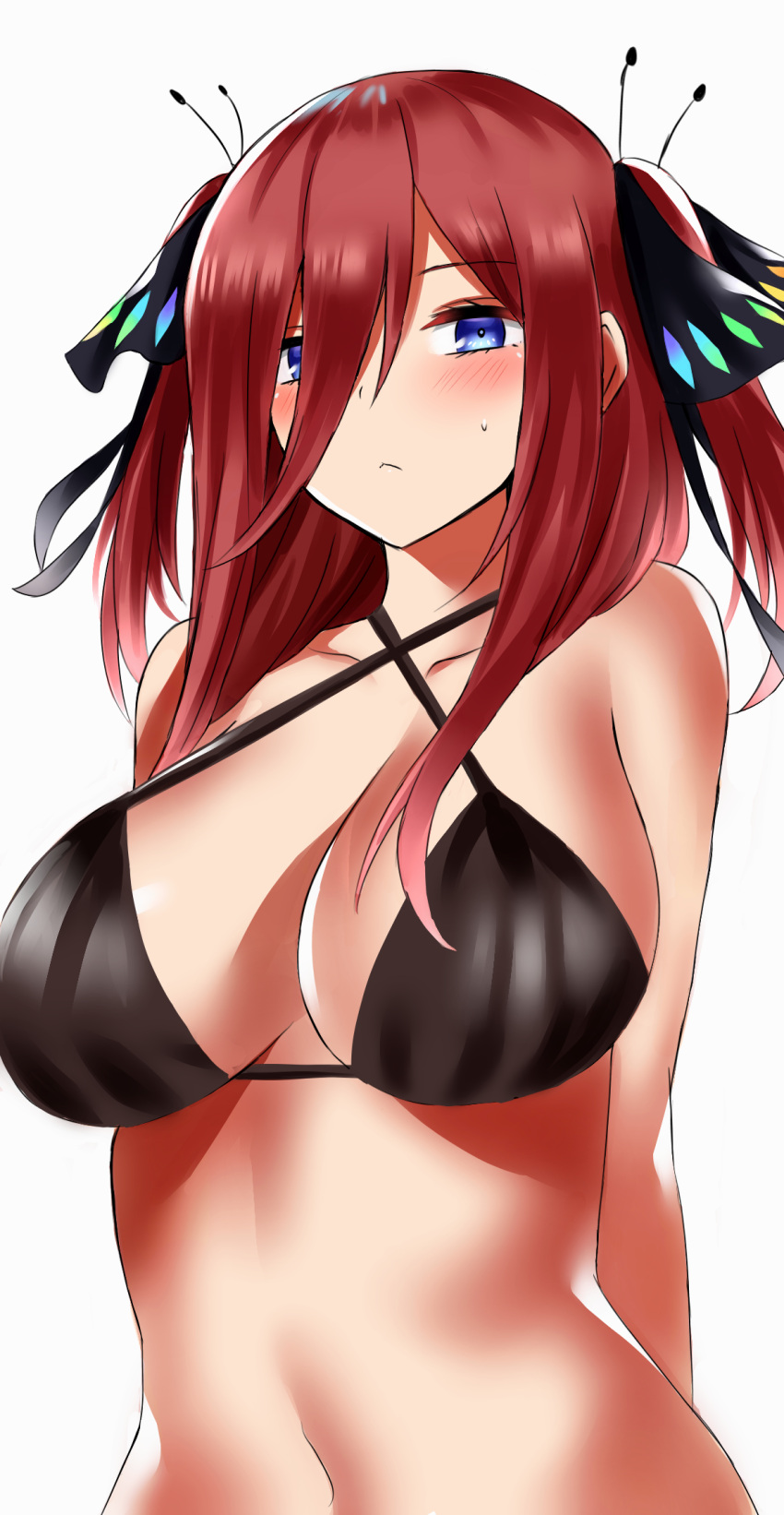 1girl arms_behind_back bangs bare_shoulders bikini bikini_top black_bikini_top blue_eyes blush breasts brown_hair cleavage closed_mouth cross-laced_bikini farys_(afopahqfw) go-toubun_no_hanayome hair_between_eyes hair_ornament hair_ribbon halterneck highres large_breasts long_hair nakano_nino navel ribbon solo stomach sweatdrop swimsuit