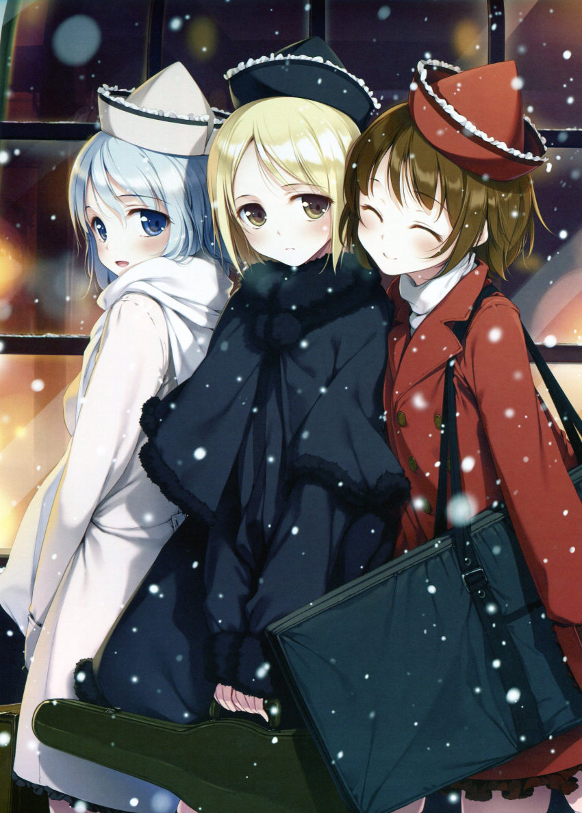 3girls ^_^ absurdres alternate_costume bag black_hat blonde_hair blue_eyes blue_hair blush brown_eyes brown_hair closed_eyes closed_eyes hat highres holding instrument instrument_case ke-ta keyboard_(instrument) lunasa_prismriver lyrica_prismriver merlin_prismriver multiple_girls red_hat scan short_hair siblings sisters smile snow snowing thigh-highs touhou trumpet violin white_hat winter