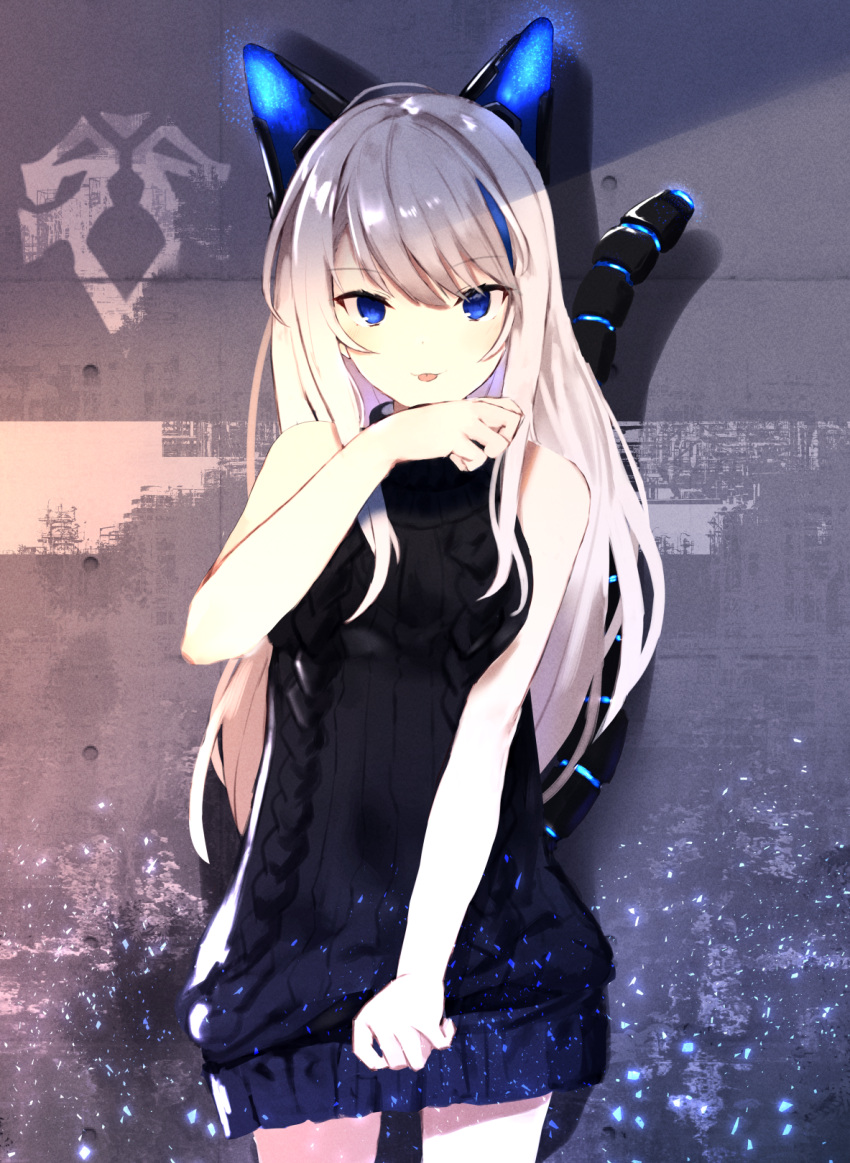 1girl :p against_wall animal_ears bangs bare_shoulders blush breasts cat_ears cat_tail chamnaitu commentary english_commentary grey_hair hair_between_eyes highres long_hair looking_at_viewer mechanical_tail meme_attire original robot_ears sidelocks sleeveless sleeveless_turtleneck small_breasts solo standing tail tongue tongue_out turtleneck virgin_killer_sweater