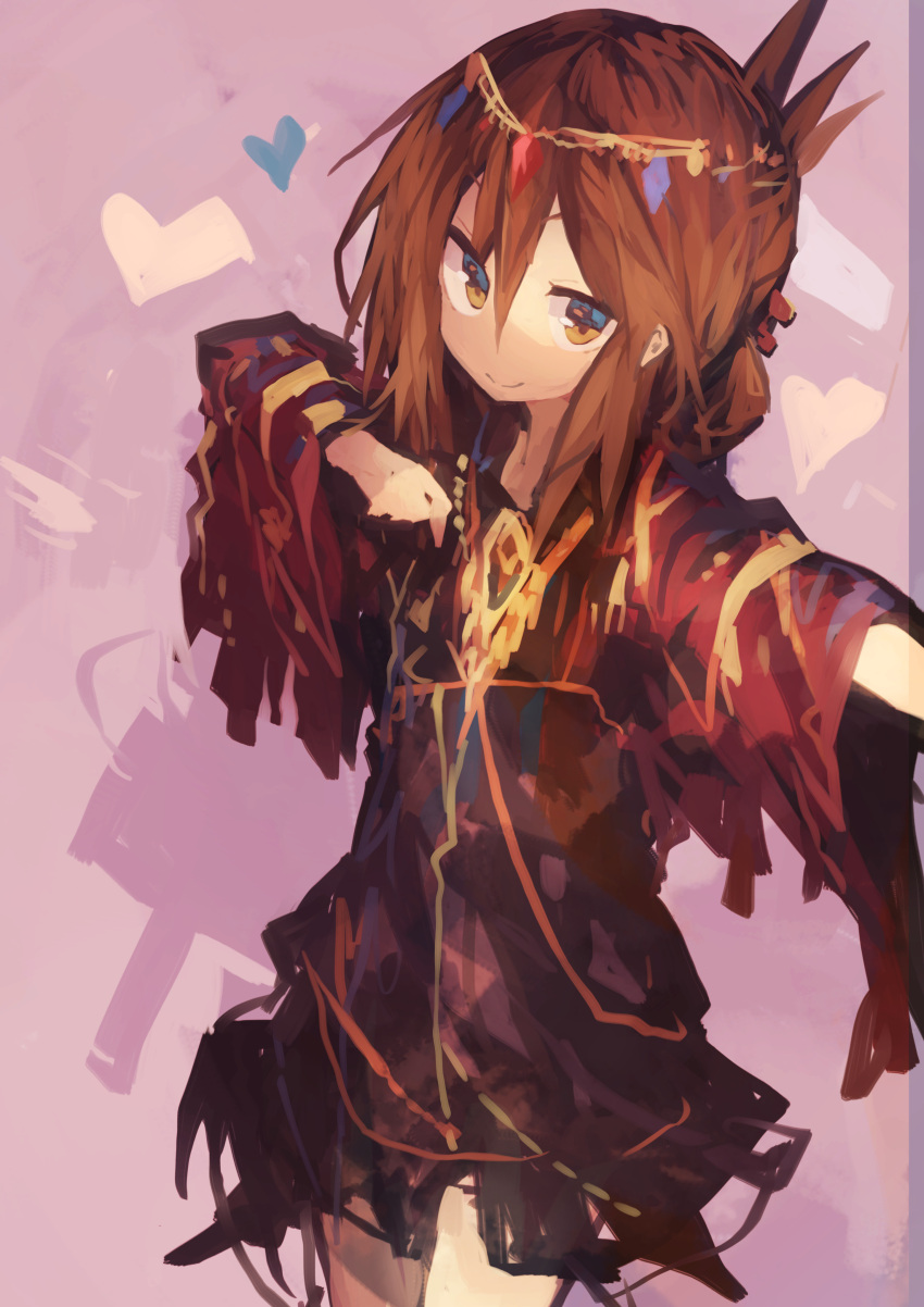 1girl absurdres alternate_costume bangs brown_eyes brown_hair commentary_request contrapposto folded_ponytail hair_between_eyes head_chain heart heart_background highres inazuma_(kantai_collection) jewelry kaamin_(mariarose753) kantai_collection long_hair looking_at_viewer necklace sidelocks solo traditional_clothes