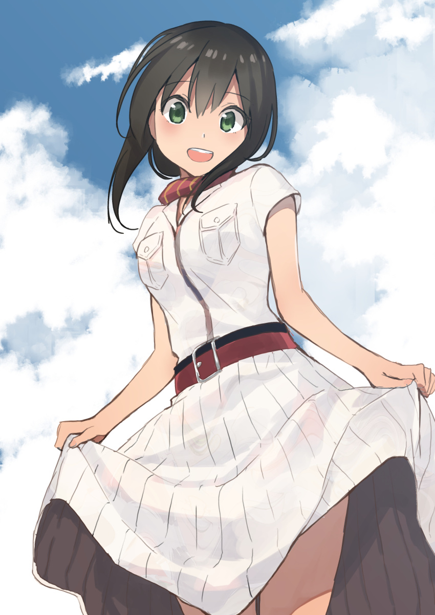 1girl belt belt_buckle black_hair blouse blush breast_pocket breasts buckle clouds cosplay day dress eyebrows_visible_through_hair fubuki_(kantai_collection) green_eyes hair_between_eyes highres kantai_collection looking_at_viewer looking_down masukuza_j medium_hair neckerchief open_mouth outdoors pocket red_belt red_neckwear saratoga_(kantai_collection) saratoga_(kantai_collection)_(cosplay) short_sleeves sidelocks skirt_hold sky small_breasts smile solo upper_body white_blouse white_dress