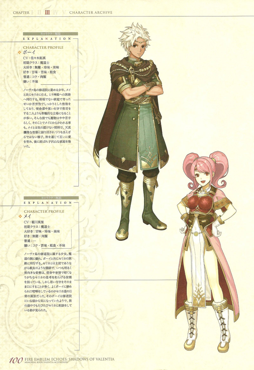 1boy 1girl boey_(fire_emblem) breastplate brown_eyes cape circlet dark_skin dark_skinned_male dress fire_emblem fire_emblem_echoes:_mou_hitori_no_eiyuuou full_body gloves hidari_(left_side) highres long_hair mae_(fire_emblem) nintendo non-web_source official_art open_mouth pink_hair red_eyes smile tabard twintails white_hair