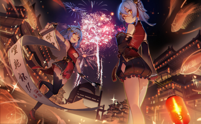 2girls absurdres arm_strap armpits bell bili_girl_22 bili_girl_33 bilibili_douga black_legwear black_skirt black_sleeves blue_hair breasts cutout detached_sleeves festival fireworks floating_hair from_below glasses hair_bell hair_ornament hair_ribbon hairband high_heels highres holding_brush huge_filesize lantern leg_up long_hair long_sleeves looking_at_viewer medium_breasts miniskirt multiple_girls night orange_eyes outdoors outstretched_arms pleated_skirt red-framed_eyewear red_footwear red_hairband red_ribbon ribbon semi-rimless_eyewear skirt sleeveless standing standing_on_one_leg thigh-highs under-rim_eyewear under_boob zettai_ryouiki