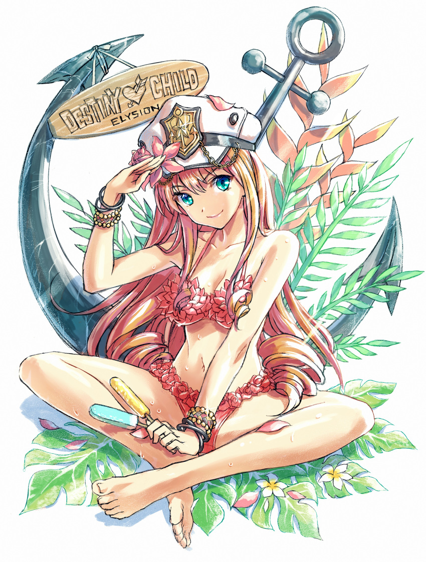 1girl absurdres barefoot bikini blonde_hair blue_eyes bracelet breasts cleavage collarbone copyright_name destiny_child drill_hair food hair_between_eyes hat highres holding indian_style jewelry long_hair looking_at_viewer mechanical_pencil medium_breasts navel pencil pink_bikini popsicle simple_background sinsin719 sitting smile solo strapless strapless_bikini swimsuit very_long_hair white_background white_hat