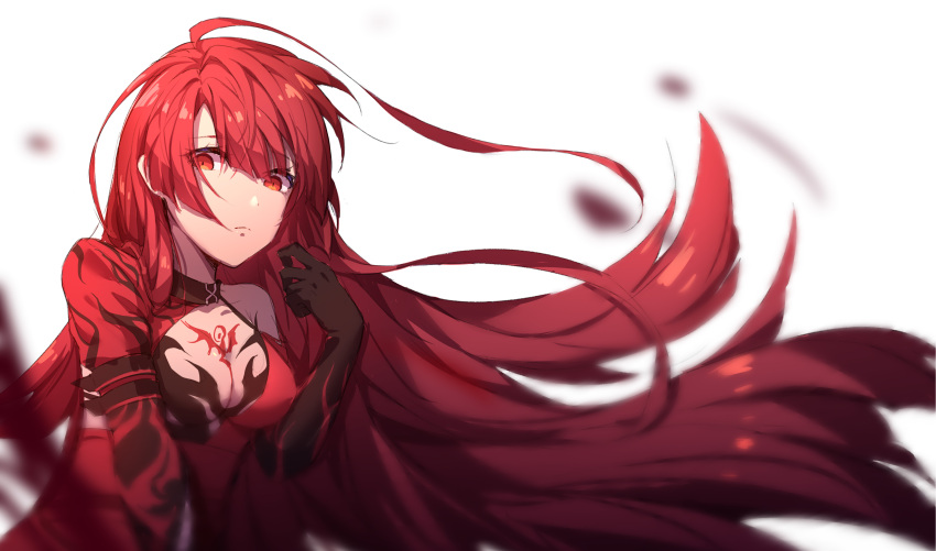 1girl absurdres black_gloves bloody_queen_(elsword) breasts cleavage closed_mouth elesis_(elsword) elsword gloves highres long_hair looking_at_viewer medium_breasts red_eyes redhead simple_background solo tattoo upper_body white_background yumuto_(spring1786)