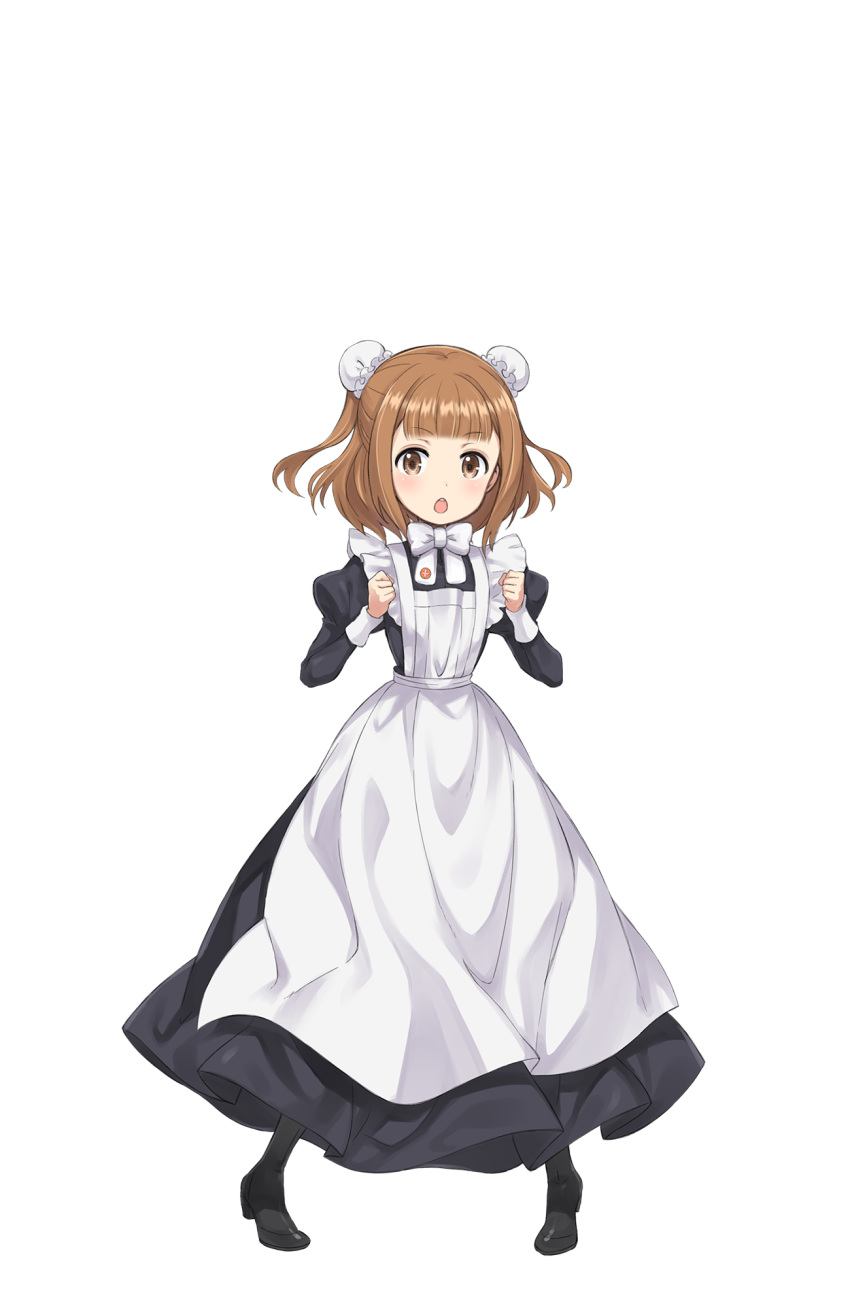 1girl :o apron beatrice_(princess_principal) black_legwear blush bow brown_eyes brown_hair bun_cover clenched_hand double_bun full_body hands_up high_heels highres long_sleeves looking_at_viewer maid official_art princess_principal princess_principal_game_of_mission puffy_long_sleeves puffy_sleeves solo standing transparent_background white_bow