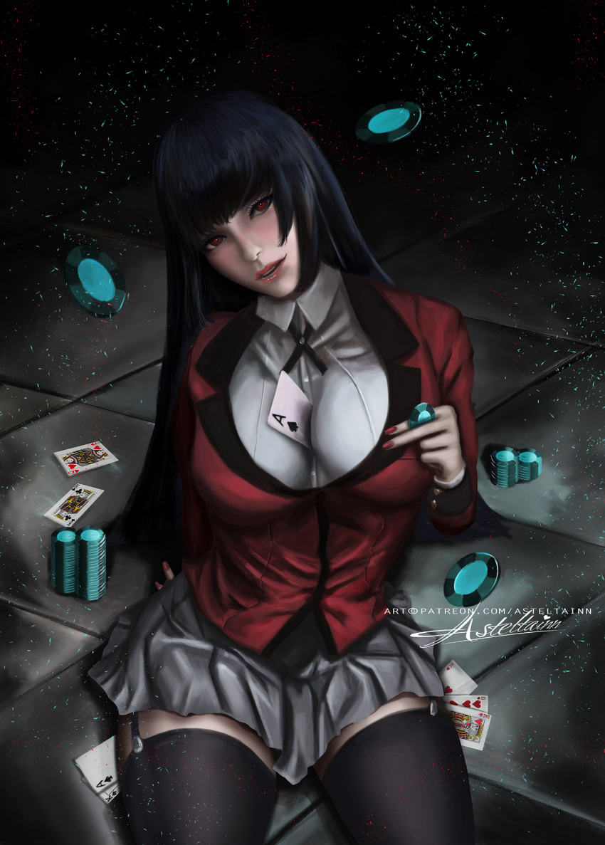 1girl alternate_legwear anastasia_(asteltainn) bangs between_breasts black_background black_hair black_legwear black_neckwear blunt_bangs breasts card collared_shirt dress_shirt grey_skirt highres hime_cut jabami_yumeko jacket kakegurui large_breasts lips long_hair looking_at_viewer open_mouth playing_card pleated_skirt poker_chip red_eyes red_jacket school_uniform shirt sitting skirt solo thigh-highs tile_floor tiles white_shirt