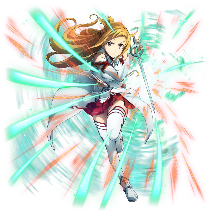 1girl asuna_(sao) blonde_hair braid brown_eyes cape crown_braid detached_sleeves floating_hair full_body highres holding holding_sword holding_weapon leg_up long_hair long_sleeves looking_at_viewer miniskirt official_art pleated_skirt rapier red_skirt skirt smile solo sword sword_art_online thigh-highs transparent_background v-shaped_eyebrows very_long_hair waist_cape weapon white_cape white_legwear white_sleeves zettai_ryouiki