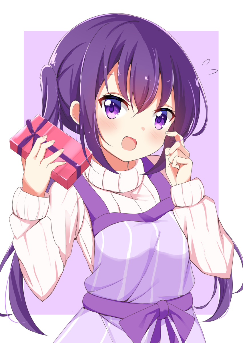 1girl absurdres bangs blush eyebrows_visible_through_hair fingernails flying_sweatdrops gift gochuumon_wa_usagi_desu_ka? hair_between_eyes hands_up head_tilt highres holding holding_gift kousaka_nobaku long_hair looking_at_viewer open_mouth purple_apron purple_background purple_hair ribbed_sweater sidelocks solo sweater tedeza_rize twintails two-tone_background upper_body very_long_hair violet_eyes white_background white_sweater