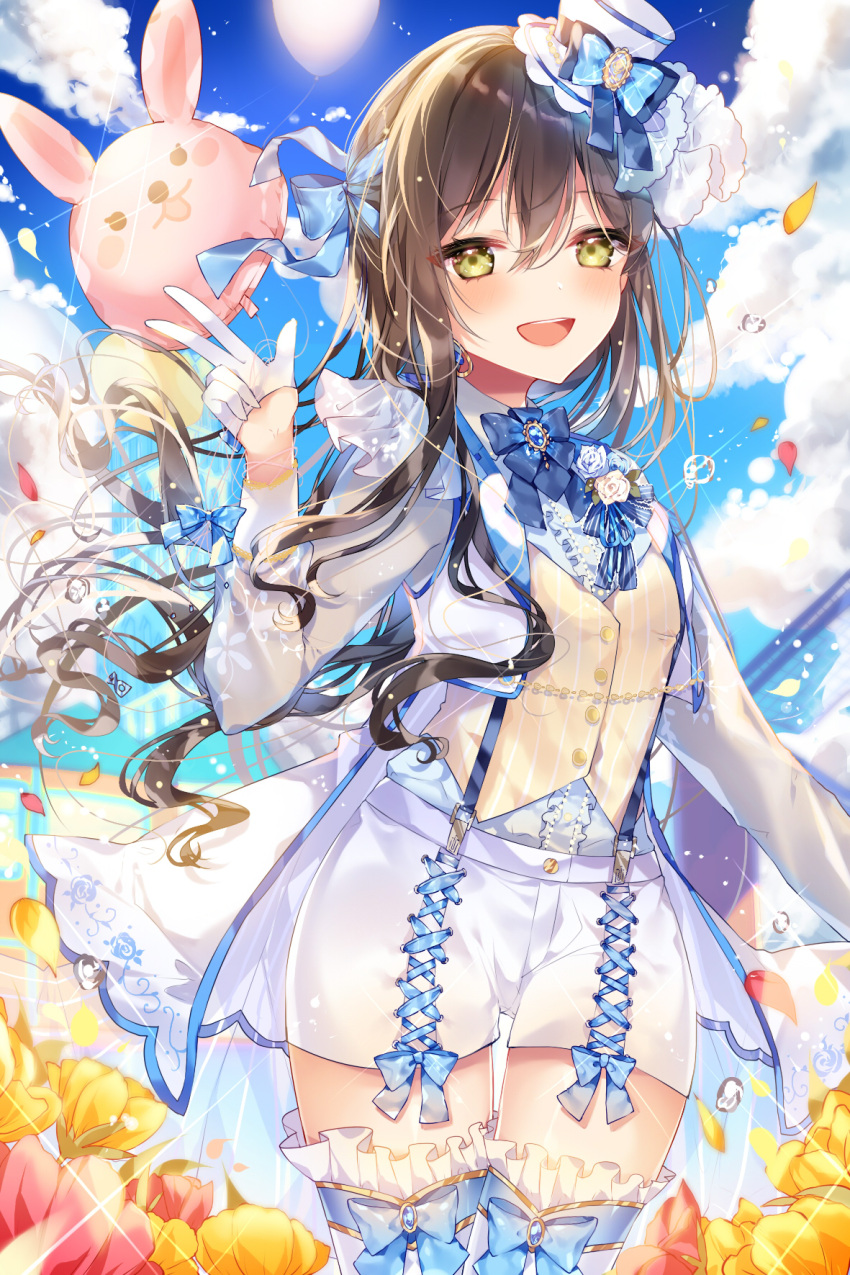 1girl :d balloon bang_dream! bangs blue_eyes blue_ribbon blue_shirt blush brooch brown_hair center_frills clouds collared_shirt commentary_request confetti corsage cross-laced_clothes earrings flower gloves hair_ribbon half_gloves hanazono_tae hat hat_ribbon highres jacket jewelry long_hair looking_at_viewer open_mouth outdoors petals rabbit ribbon shirt short_shorts shorts smile solo sparkle striped suspender_shorts suspenders taya_5323203 thigh-highs vertical_stripes vest w water_drop white_gloves white_hat white_jacket white_shorts yellow_eyes yellow_flower yellow_vest
