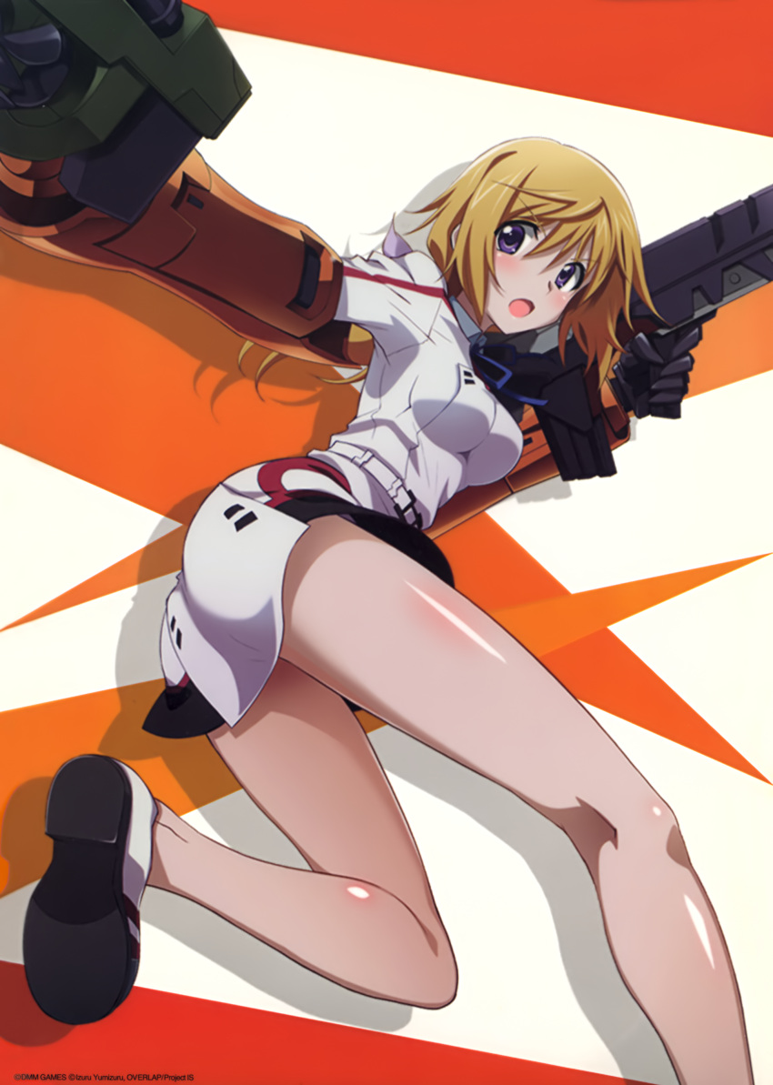 1girl belt blonde_hair breasts charlotte_dunois dress eyebrows_visible_through_hair floating_hair gun hair_between_eyes highres holding holding_gun holding_weapon infinite_stratos leg_up long_hair medium_breasts open_mouth ponytail shiny shiny_skin short_dress solo uniform violet_eyes weapon