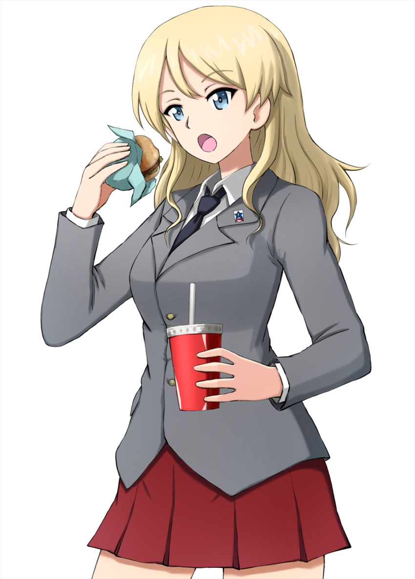 1girl alternate_costume alternate_hair_length alternate_hairstyle black_neckwear blazer blonde_hair blue_eyes commentary cowboy_shot cup darjeeling disposable_cup dress_shirt drinking_glass eating emblem eyebrows_visible_through_hair food girls_und_panzer grey_jacket hair_down hamburger highres holding holding_food jacket long_hair long_sleeves miniskirt necktie omachi_(slabco) open_mouth pleated_skirt red_skirt saunders_(emblem) saunders_school_uniform school_uniform shirt simple_background skirt standing white_background white_shirt