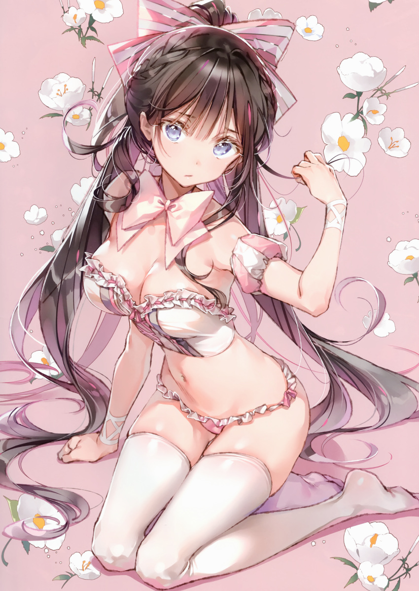 1girl absurdres arm_support bangs blue_eyes bow breasts brown_hair cleavage closed_mouth dsmile eyebrows_visible_through_hair flower frills full_body hair_bow highres long_hair looking_at_viewer medium_breasts navel no_shoes original panties pink_background ponytail puffy_sleeves ribbon scan simple_background sitting solo underwear very_long_hair wariza white_legwear