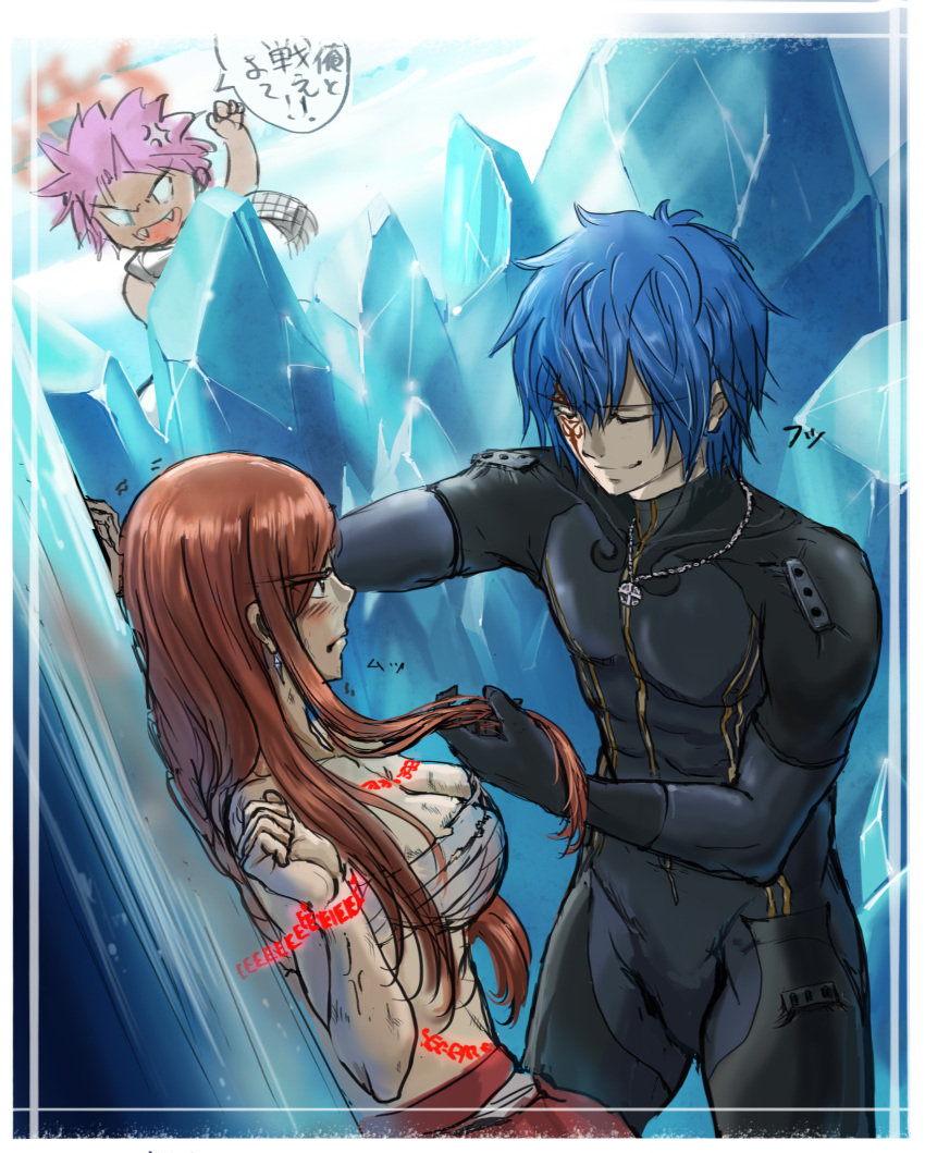 1girl 2boys against_wall anger_vein black_bodysuit blue_hair blush bodysuit breasts brown_hair bruise cleavage clenched_hand closed_eyes earrings erza_scarlet facial_mark fairy_tail fangs highres holding_another's_hair injury jellal_fernandes jewelry large_breasts long_hair multiple_boys natsu_dragneel open_mouth pink_hair restrained sarashi scarf siranta0819 speech_bubble spiky_hair standing very_long_hair white_scarf