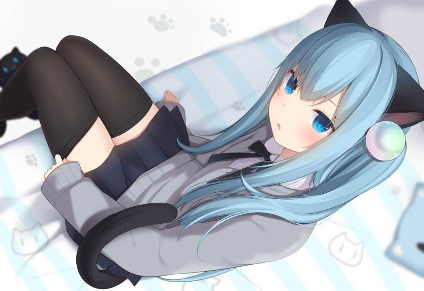 1girl amashiro_natsuki animal_ears bangs black_legwear black_skirt blue_eyes blue_hair blurry blurry_background blush cat_ears cat_girl cat_tail collared_shirt commentary_request depth_of_field dutch_angle eyebrows_visible_through_hair from_above grey_sweater hair_between_eyes hair_ornament highres long_hair long_sleeves looking_at_viewer looking_up original parted_lips pleated_skirt shirt sitting skirt sleeves_past_wrists solo sweater tail thigh-highs white_shirt