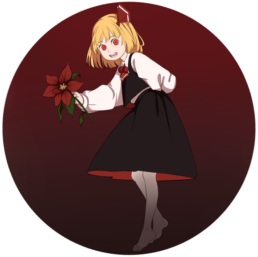 1girl arm_behind_back ascot barefoot black_skirt blonde_hair circle eyebrows_visible_through_hair flower frame full_body gradient gradient_background hair_ribbon holding holding_flower long_sleeves looking_at_viewer mefomefo open_mouth poinsettia red_eyes ribbon rumia skirt skirt_set solo teeth touhou vest