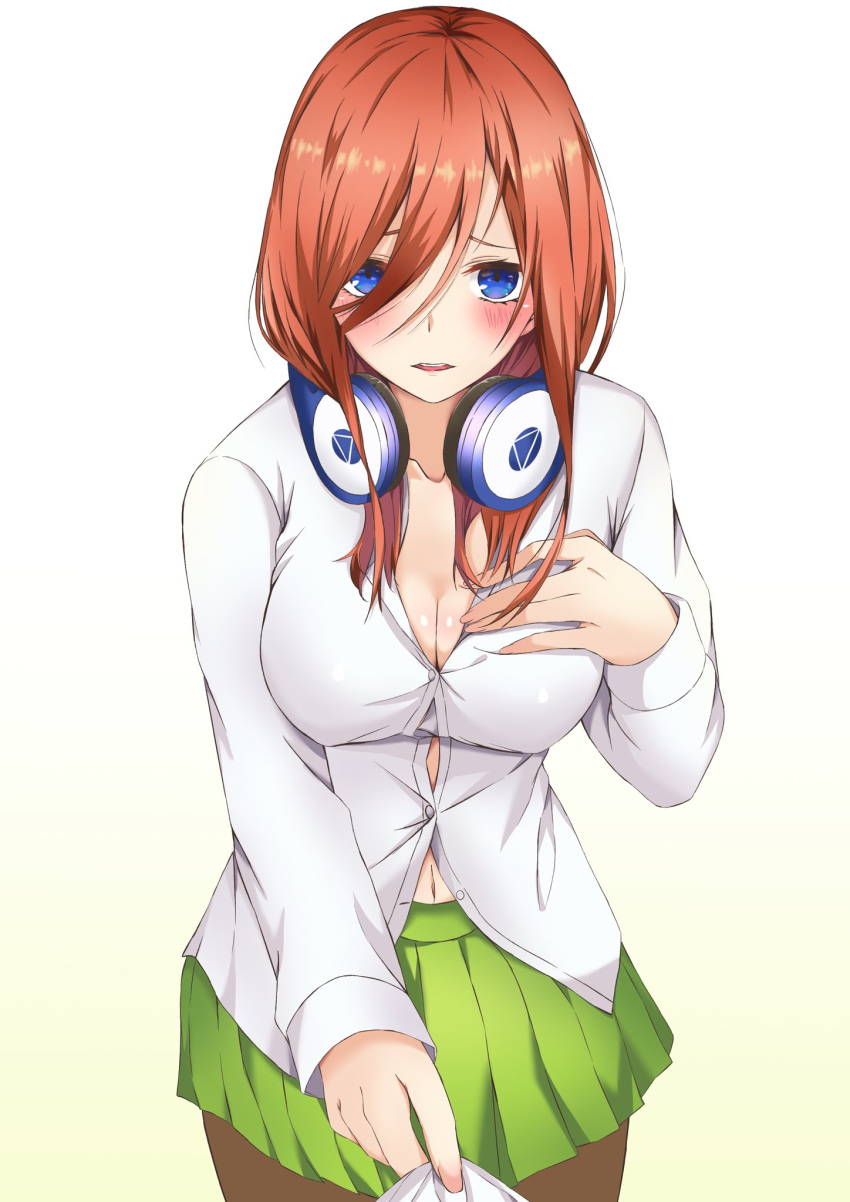 blue_eyes blush breasts brown_hair button_gap citron_0225 cleavage collared_shirt dress_shirt go-toubun_no_hanayome green_skirt hair_between_eyes hand_on_own_chest headphones headphones_around_neck highres large_breasts long_hair long_sleeves nakano_miku navel open_mouth pantyhose pleated_skirt shirt shirt_tug skirt white_shirt