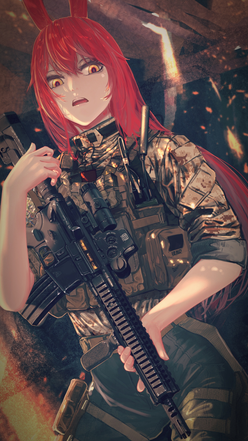 1girl absurdres animal_ears assault_rifle camouflage commentary_request foregrip gesugao gun highres holding holding_gun holding_weapon load_bearing_vest long_hair m4_carbine military nurim original rabbit_ears redhead rifle solo weapon yellow_eyes