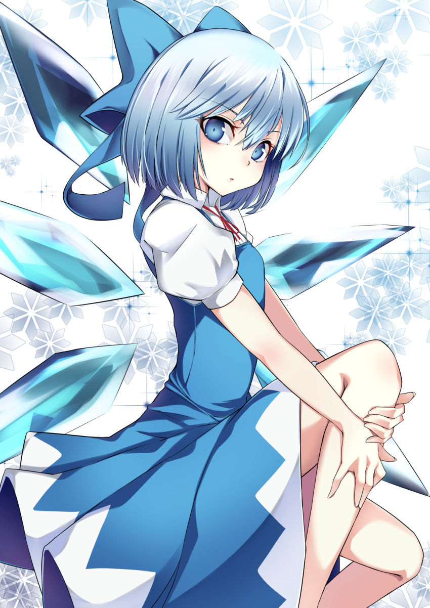 1girl bangs blue_bow blue_dress blue_eyes blue_hair bow breasts cirno dress eyebrows_visible_through_hair feet_out_of_frame from_side hair_between_eyes hair_bow highres ice ice_wings knee_up looking_at_viewer neck_ribbon paburisiyasu parted_lips pinafore_dress puffy_short_sleeves puffy_sleeves red_neckwear red_ribbon ribbon shirt short_hair short_sleeves small_breasts solo sparkle touhou white_background white_shirt wing_collar wings