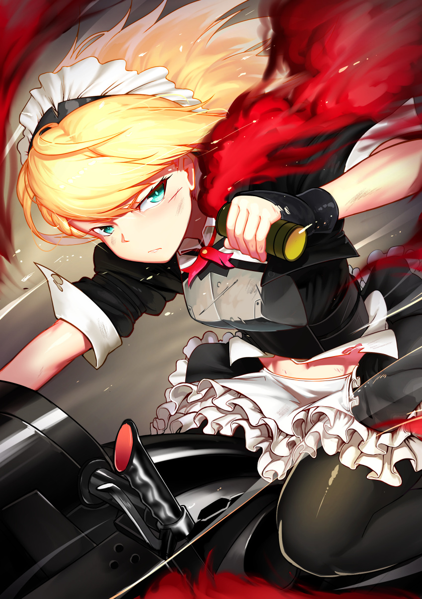 1girl absurdres apron bangs black_gloves blonde_hair blue_eyes blurry blurry_background blush braid breastplate breasts closed_mouth eyebrows_visible_through_hair g36_(girls_frontline) girls_frontline gloves hair_between_eyes highres holding_grenade leonat long_hair looking_at_viewer maid maid_apron maid_headdress medium_breasts mod3_(girls_frontline) motion_blur on_motorcycle riding sidelocks skirt sleeve_cuffs solo torn_clothes waist_apron