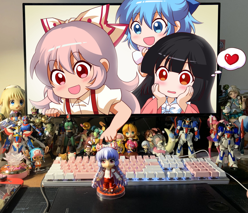 3girls :d absurdres bishoujo_senshi_sailor_moon black_hair blue_bow blue_eyes blue_hair blush bow bowtie character_request chibi chibi_usa chinese_commentary cirno commentary_request copyright_request drawing_tablet figure fourth_wall fujiwara_no_mokou hair_bow hands_on_own_cheeks hands_on_own_face heart highres houraisan_kaguya indoors keyboard long_hair long_sleeves monitor multiple_girls nintendo_switch one_piece open_mouth pink_hair pink_shirt puffy_short_sleeves puffy_sleeves red_eyes sailor_moon shangguan_feiying shirt short_sleeves smile suspenders thought_bubble tony_tony_chopper touhou upper_body very_long_hair white_bow white_neckwear white_shirt wide_sleeves