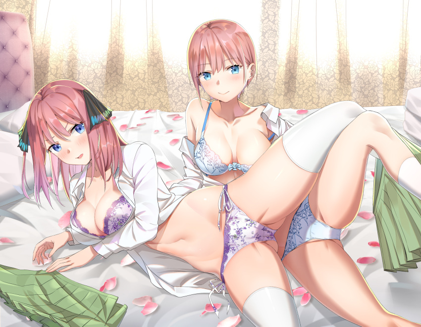 2girls bangs bed bed_sheet blue_eyes blunt_bangs blush bra breasts breasts_apart cleavage closed_mouth collarbone collared_shirt commentary_request curtains day dress_shirt eyebrows_visible_through_hair gluteal_fold go-toubun_no_hanayome green_skirt groin hair_between_eyes hair_ornament hair_ribbon highres indoors kongbai lace lace-trimmed_bra lace-trimmed_panties large_breasts long_hair long_sleeves looking_at_viewer lying miniskirt multiple_girls nakano_ichika nakano_nino navel off_shoulder on_bed on_side open_clothes open_shirt panties petals pillow pink_hair pleated_skirt purple_panties redhead ribbon shirt short_hair siblings side-tie_panties sisters skindentation skirt skirt_removed smile spread_legs stomach strap_slip thigh-highs underwear white_legwear white_panties white_shirt wing_collar