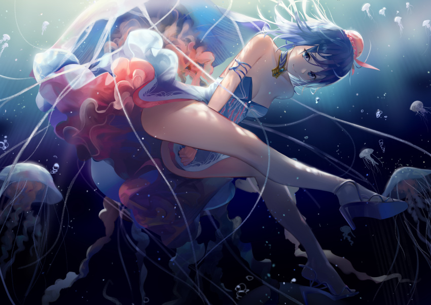 1girl absurdres arm_ribbon blue_dress blue_eyes blue_footwear blue_hair boots breasts choker cleavage dress dress_tug floating_hair full_body hair_bun haiyi high_heel_boots high_heels highres leiq ribbon short_hair sleeveless sleeveless_dress small_breasts smile solo strapless strapless_dress underwater vocaloid vocanese