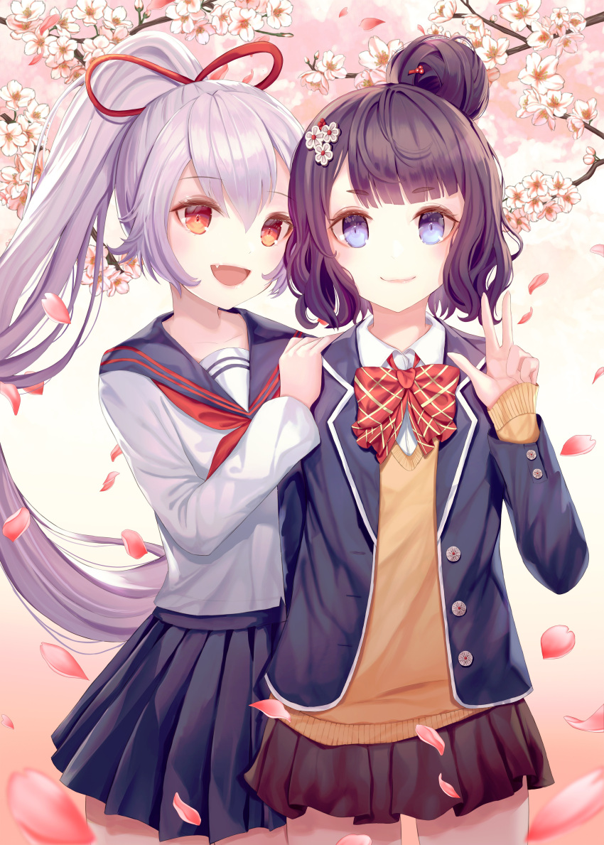 2girls :d absurdres blue_eyes bow bowtie cherry_blossoms eyebrows_visible_through_hair fate/grand_order fate_(series) flower hair_between_eyes hair_bun hair_flower hair_ornament hair_stick hand_on_another's_shoulder highres jacket katsushika_hokusai_(fate/grand_order) kottungyang long_hair looking_at_viewer loose_bowtie multiple_girls open_mouth petals pleated_skirt purple_hair red_eyes school_uniform serafuku short_hair silver_hair skirt sleeves_past_wrists smile spring_(season) sweater tomoe_gozen_(fate/grand_order) very_long_hair waving