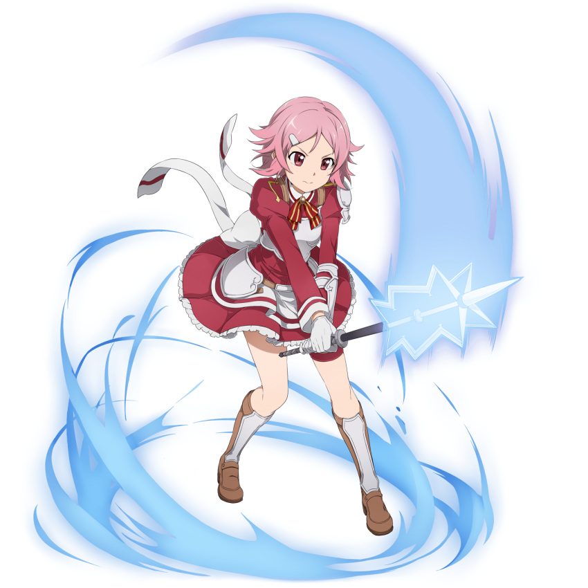 1girl boots breastplate brown_footwear frilled_skirt frills full_body gloves grey_gloves hair_ornament hairclip highres holding holding_weapon lisbeth long_sleeves miniskirt neck_ribbon official_art pink_hair red_eyes red_ribbon red_shirt red_skirt ribbon shiny shiny_hair shirt short_hair shoulder_armor skirt solo standing striped striped_ribbon sword_art_online transparent_background v-shaped_eyebrows weapon