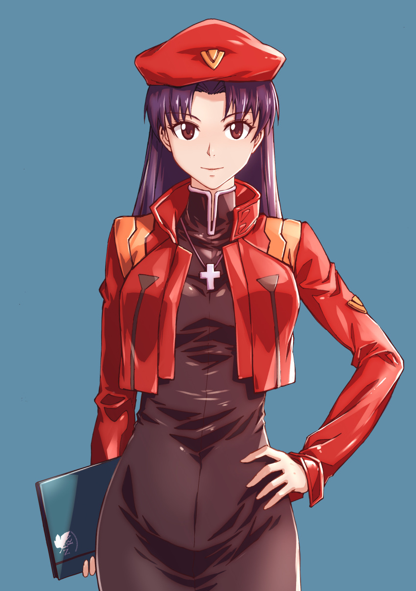 &gt;:) 1girl a4typhoon absurdres aqua_background bangs beret black_dress breasts brown_eyes closed_mouth cowboy_shot cropped_jacket cross cross_necklace dress eyebrows_visible_through_hair female hands_on_hips hat highres jacket jewelry katsuragi_misato long_hair long_sleeves looking_at_viewer medium_breasts neck necklace neon_genesis_evangelion nerv open_clothes open_jacket parted_bangs purple_hair red_hat red_jacket simple_background smile solo standing