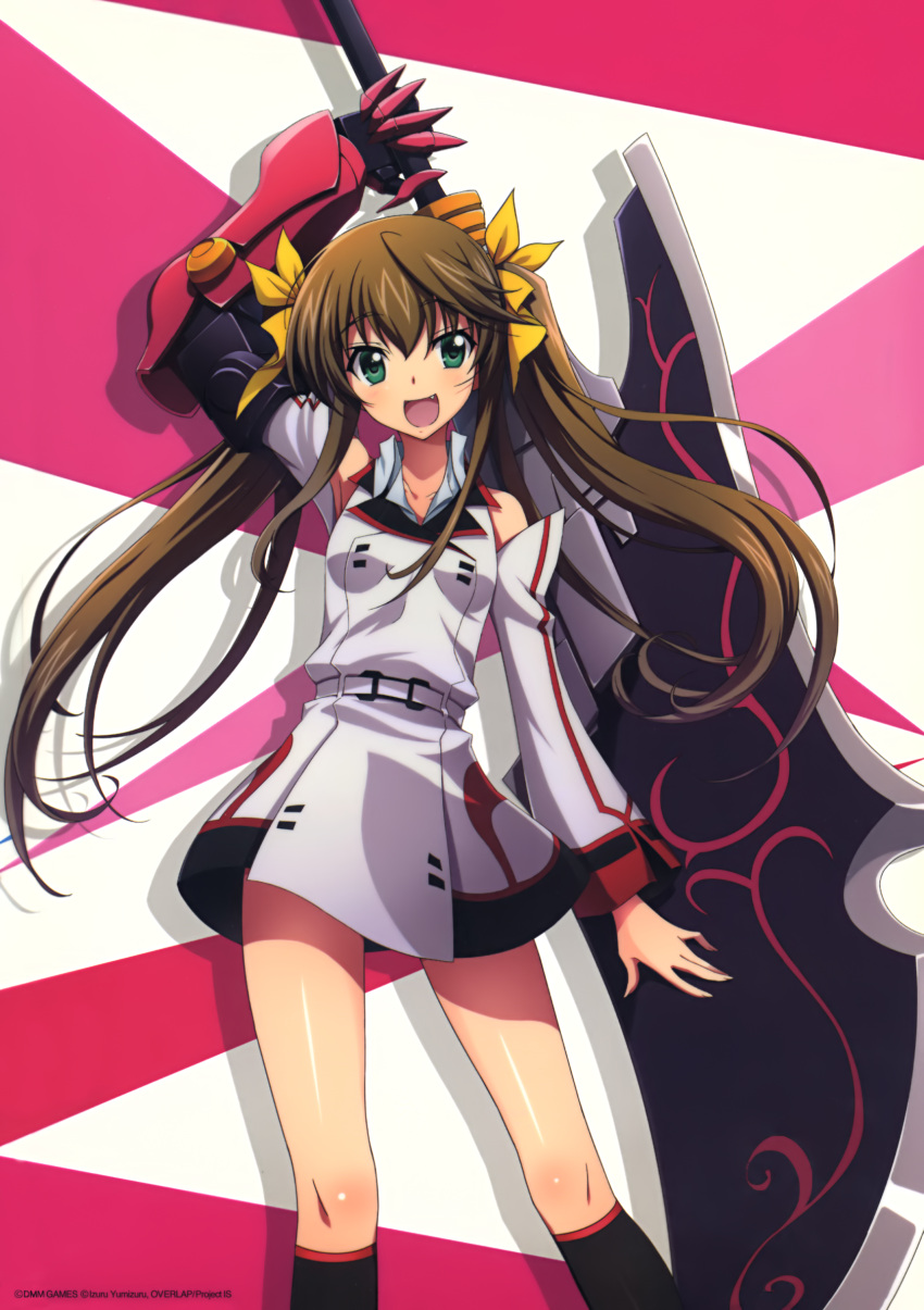 1girl :d arm_up black_legwear bow brown_hair detached_sleeves dress eyebrows_visible_through_hair fang floating_hair gauntlets green_eyes grey_dress grey_sleeves hair_between_eyes hair_bow highres holding holding_weapon huang_lingyin infinite_stratos kneehighs long_hair long_sleeves open_mouth shiny shiny_hair shiny_skin short_dress sleeveless sleeveless_dress smile solo standing twintails uniform very_long_hair weapon yellow_bow