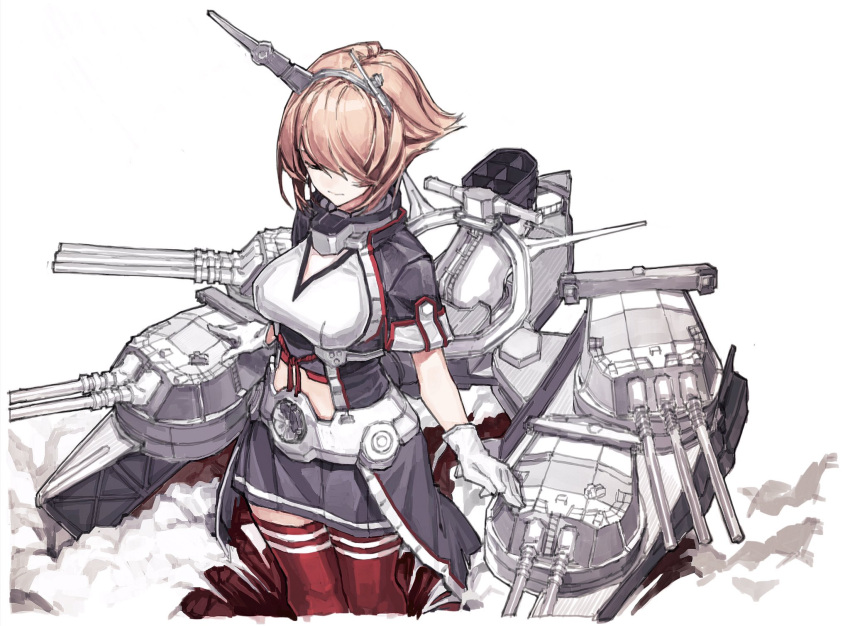 1girl air_qh black_skirt breasts brown_hair cannon capelet closed_eyes cowboy_shot gloves hairband headgear highres kantai_collection large_breasts machinery miniskirt mutsu_(kantai_collection) pleated_skirt radio_antenna red_legwear short_hair simple_background skirt smoke solo standing turret white_background white_gloves