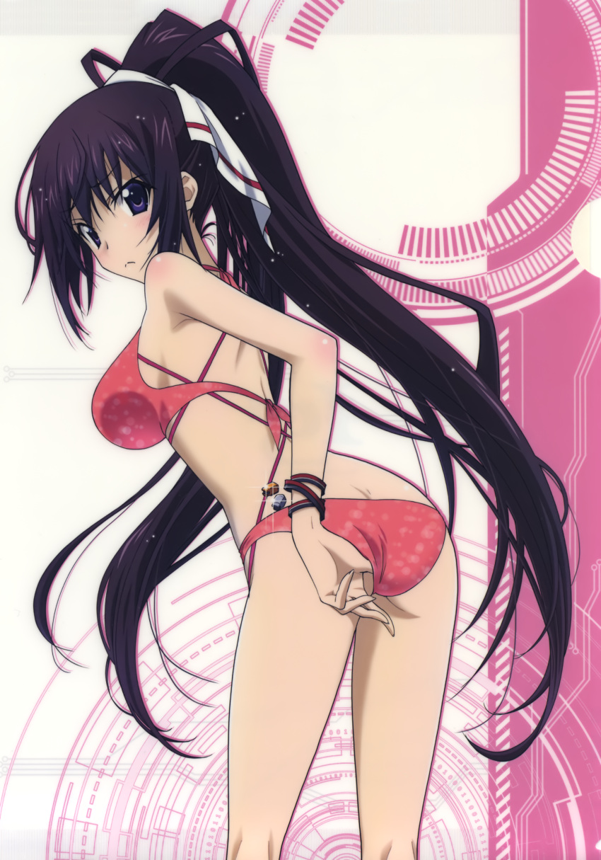 1girl absurdres bikini black_hair blue_eyes bracelet breasts butt_crack from_behind hair_between_eyes hair_ribbon high_ponytail highres infinite_stratos jewelry leaning_forward long_hair looking_at_viewer looking_back medium_breasts print_bikini red_bikini ribbon shinonono_houki sideboob solo sparkle standing swimsuit very_long_hair white_ribbon