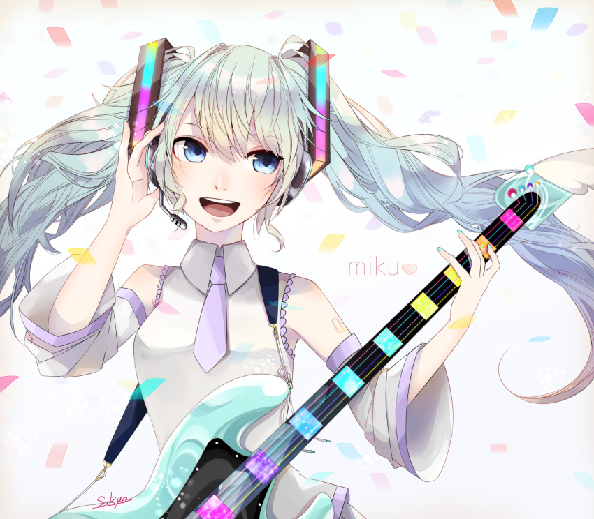 1girl :d bass_guitar blue_eyes character_name detached_sleeves eyebrows_visible_through_hair floating_hair hatsune_miku headphones headset highres holding holding_instrument instrument long_hair long_sleeves looking_to_the_side microphone necktie open_mouth sakyou_kujira shirt short_necktie signature silver_hair sleeveless sleeveless_shirt smile solo standing twintails upper_body very_long_hair vocaloid white_neckwear white_shirt white_sleeves
