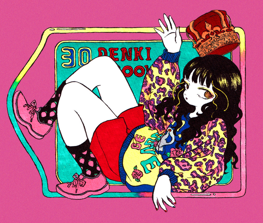 1girl bangs black_hair black_nails calligraphy_brush_(medium) eyeshadow food_print full_body hat knees_up long_hair long_sleeves makeup nail_polish northeast_mountain orange_eyes original pink_footwear red_nails red_shorts shoes shorts socks solo strawberry_print traditional_media