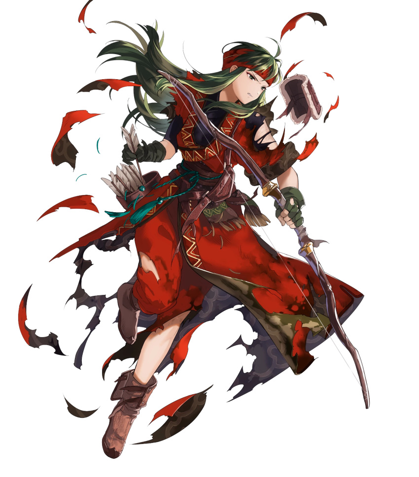 1girl armor arrow belt boots bow_(weapon) brown_footwear clenched_teeth fingerless_gloves fire_emblem fire_emblem:_fuuin_no_tsurugi fire_emblem_heroes full_body gloves green_eyes green_hair headband highres holding holding_bow_(weapon) holding_weapon leg_up long_hair mayo_(becky2006) nintendo official_art pants parted_lips quiver short_sleeves shoulder_armor solo sue_(fire_emblem) teeth torn_clothes transparent_background weapon