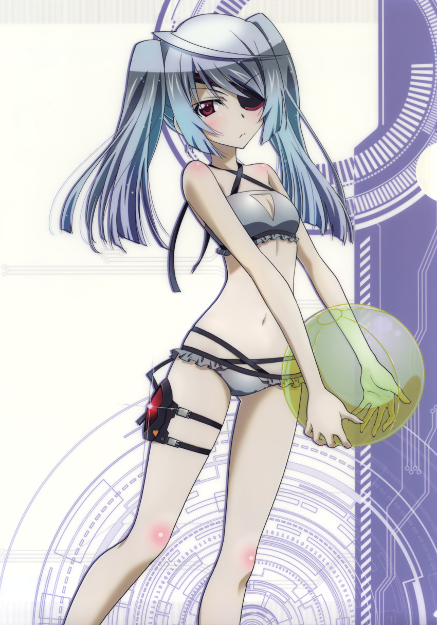 1girl absurdres ahoge ball beachball bikini blush breasts cleavage_cutout eyebrows_visible_through_hair eyepatch grey_bikini halterneck highres infinite_stratos laura_bodewig long_hair multi-strapped_bikini navel red_eyes shiny shiny_hair shiny_skin silver_hair small_breasts solo sparkle standing swimsuit thigh_strap twintails