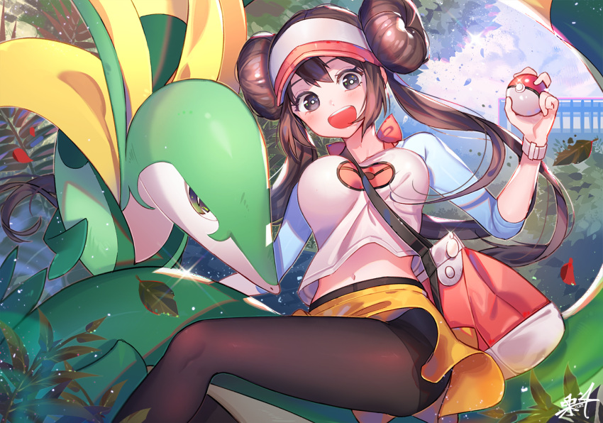 1girl :d bag ball black_eyes blush breasts brown_hair brown_legwear building creatures_(company) day double_bun game_freak gen_5_pokemon hand_up holding holding_ball holding_poke_ball kuri_choko large_breasts leaf long_hair long_sleeves looking_at_viewer mei_(pokemon) midriff miniskirt nature navel nintendo open_mouth outdoors pantyhose plant poke_ball poke_ball_(generic) pokemon pokemon_(creature) pokemon_(game) pokemon_bw2 raglan_sleeves serperior shirt shoulder_bag sidelocks signature skirt sky smile sparkle thighband_pantyhose tree twintails visor_cap watch watch white_shirt yellow_skirt