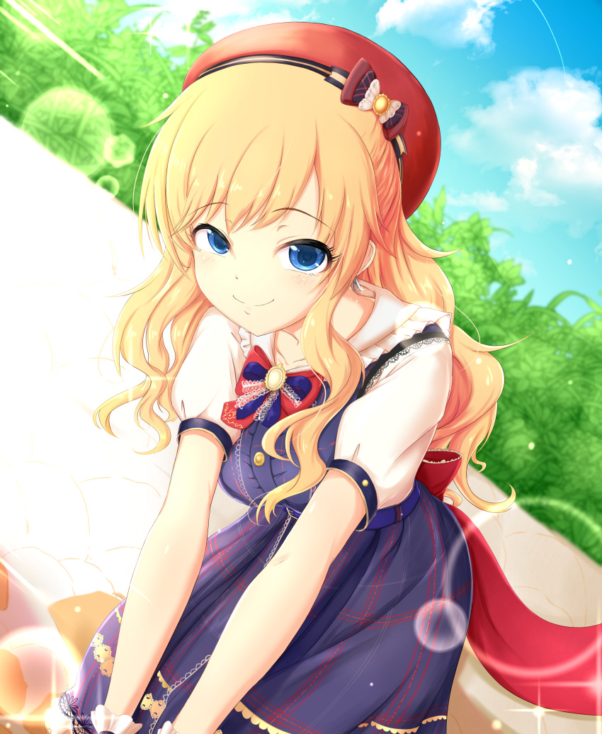 1girl absurdres bare_arms blonde_hair blue_dress blue_eyes blush bow breasts clouds commentary_request day dot_nose dress dress_pull eyebrows_visible_through_hair hair_bow hair_ornament hat highres idolmaster idolmaster_cinderella_girls jewelry ketsuakume large_breasts long_hair looking_at_viewer ootsuki_yui outdoors puffy_short_sleeves puffy_sleeves red_hat short_sleeves smile solo