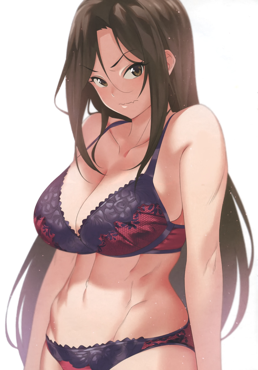 1girl abs absurdres bangs bare_shoulders blush bra breasts brown_eyes brown_hair cleavage closed_mouth collarbone eyebrows_visible_through_hair fang fukushi_ryouhei highres idolmaster idolmaster_cinderella_girls lace lace_bra large_breasts long_hair looking_at_viewer midriff mukai_takumi navel parted_bangs simple_background solo stomach underwear white_background