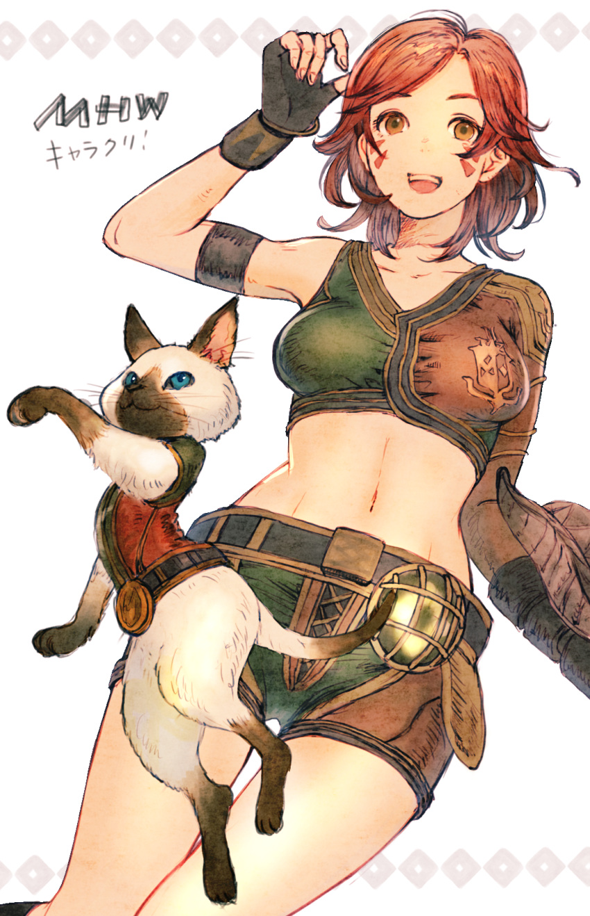 1girl :d animal armband black_gloves breasts cat clothed_animal copyright_name cross-laced_clothes facial_mark felyne fingerless_gloves fingernails gloves hand_up highres kuroimori looking_at_viewer medium_breasts monster_hunter monster_hunter:_world navel open_mouth orange_eyes redhead short_hair shorts siamese_cat simple_background single_bare_shoulder single_sleeve smile teeth white_background