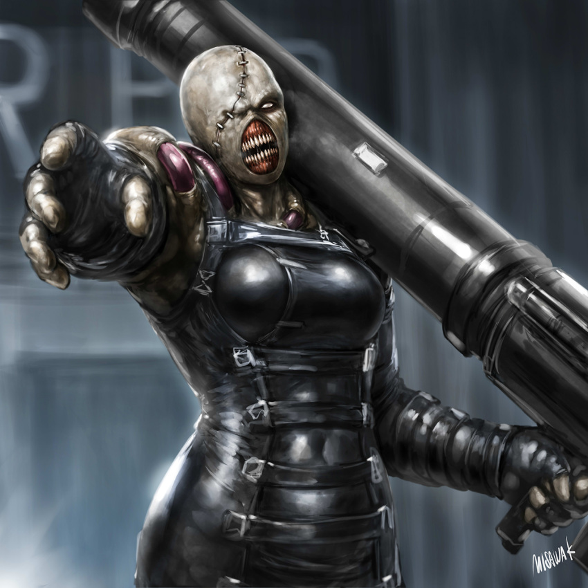1girl bald bald_girl bodysuit breasts fingerless_gloves genderswap genderswap_(mtf) gloves grey_eyes highres holding holding_weapon huge_weapon large_breasts leather misawa_kei monster_girl nemesis no_pupils one-eyed reaching_out resident_evil resident_evil_3 signature skin_tight solo standing stitches weapon zombie