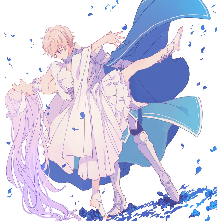 1boy 1girl armor armored_boots bcoca blonde_hair blue_cape blue_eyes blue_flower blue_petals blue_rose boots breasts cape closed_eyes closed_mouth collarbone commentary_request dancing dress eugeo flower hair_ornament hand_on_hip highres knight lavender_hair long_hair medium_breasts open_mouth petals quinella rose short_hair simple_background smile sword_art_online sword_art_online_alicization white_background white_dress