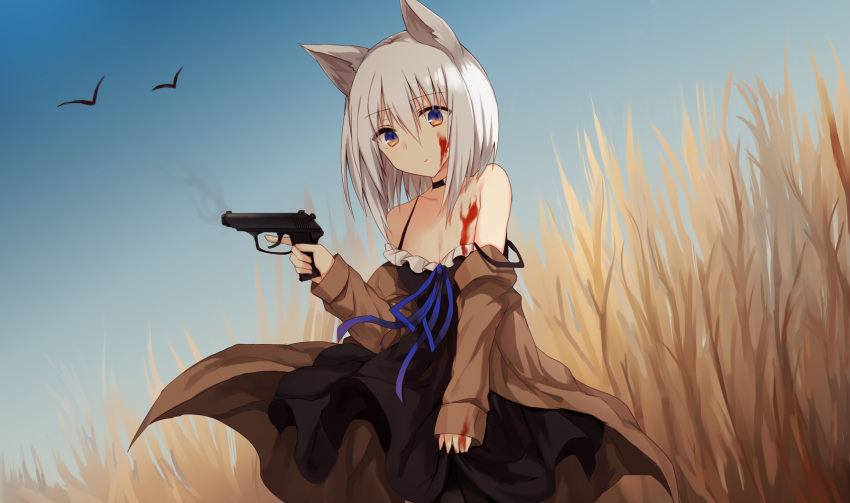 1girl animal_ears bangs bare_shoulders bird black_choker black_dress black_legwear blood blood_on_breasts blood_on_face blue_sky brown_jacket cat_ears choker collarbone commentary_request day dress eyebrows_visible_through_hair field finger_on_trigger grey_hair gun hair_between_eyes handgun highres holding holding_gun holding_weapon jacket kinona long_hair long_sleeves off_shoulder open_clothes open_jacket original outdoors pantyhose pistol sky sleeveless sleeveless_dress sleeves_past_wrists solo strap_slip violet_eyes weapon weapon_request