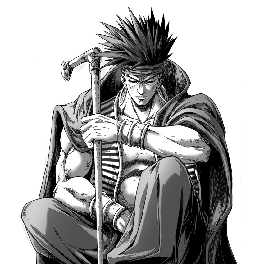 1boy a4typhoon bracer cane closed_eyes earrings greyscale highres hoop_earrings jewelry jojo_no_kimyou_na_bouken male_focus monochrome n'doul sitting solo stardust_crusaders