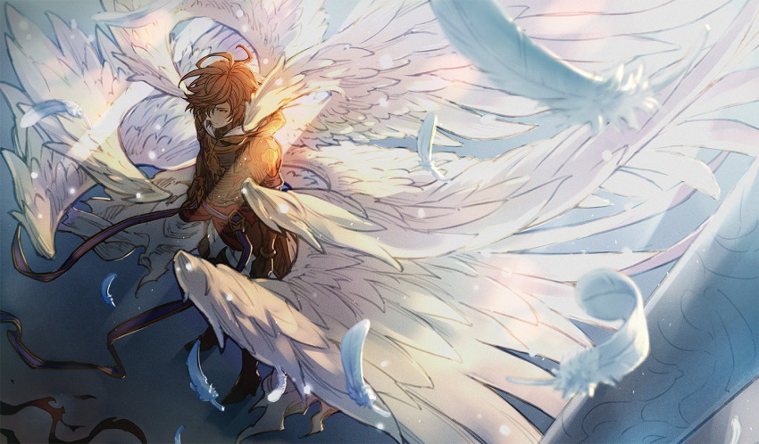 1boy armor brown_eyes brown_hair feathers gloves granblue_fantasy hood hood_down male_focus multiple_wings official_art red_eyes sandalphon_(granblue_fantasy) seraph short_hair solo wings