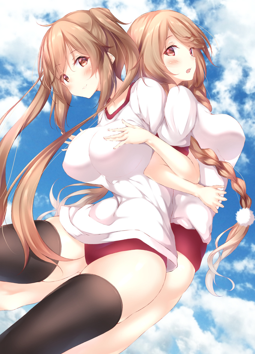 absurdres ahoge back-to-back bangs blue_sky blush braid breasts brown_eyes brown_legwear buruma clouds eyebrows_visible_through_hair gym_uniform hair_ornament hair_ribbon highres kantai_collection light_brown_hair locked_arms long_hair looking_at_viewer minegumo_(kantai_collection) multiple_girls murasame_(kantai_collection) numpopo open_mouth outdoors red_eyes ribbon shirt short_sleeves sidelocks skindentation sky smile stretch thigh-highs twin_braids twintails white_shirt